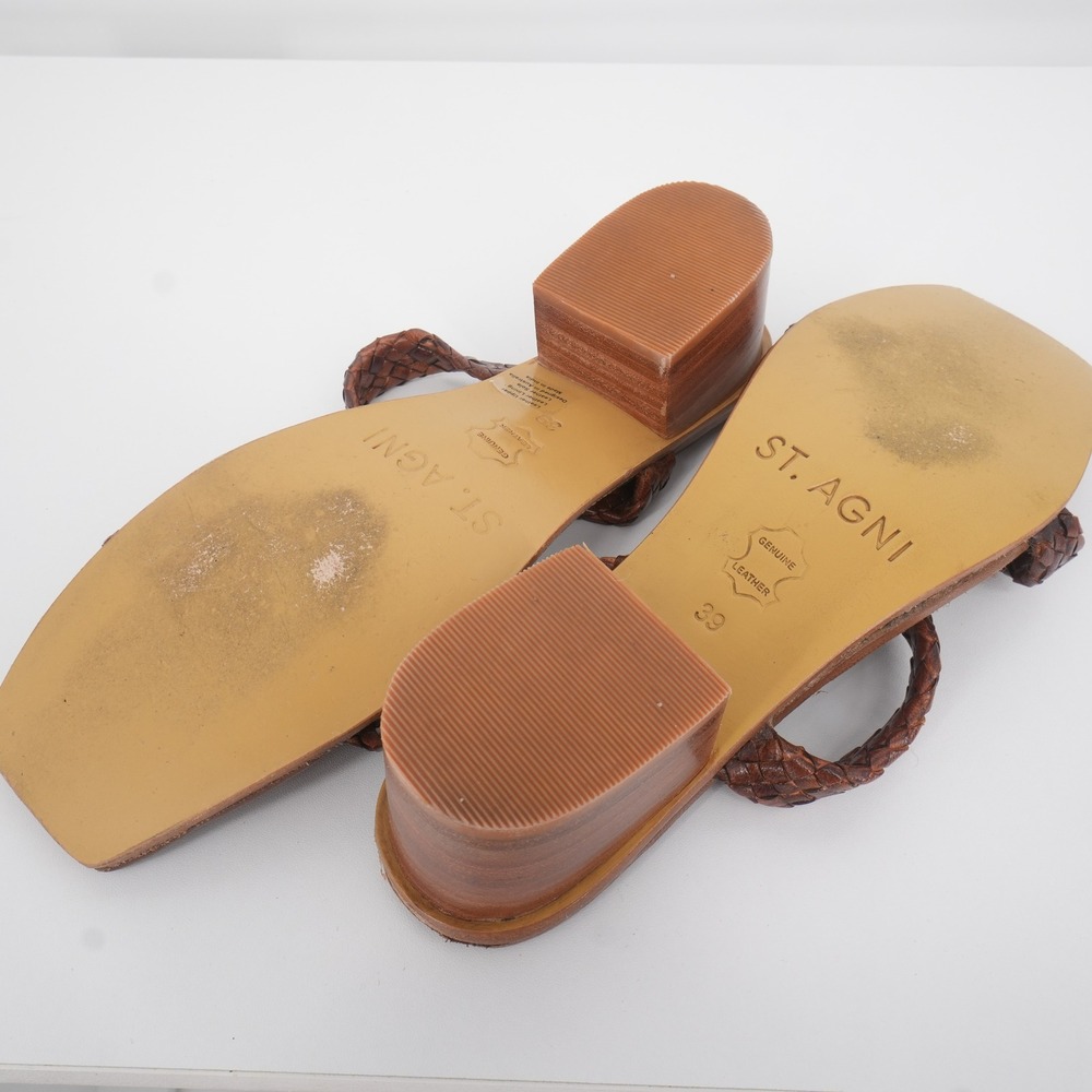 St. Agni Woven Leather Block Heel Sandals Women 39 Tan Brown Square Toe Mules - Picture 6 of 6